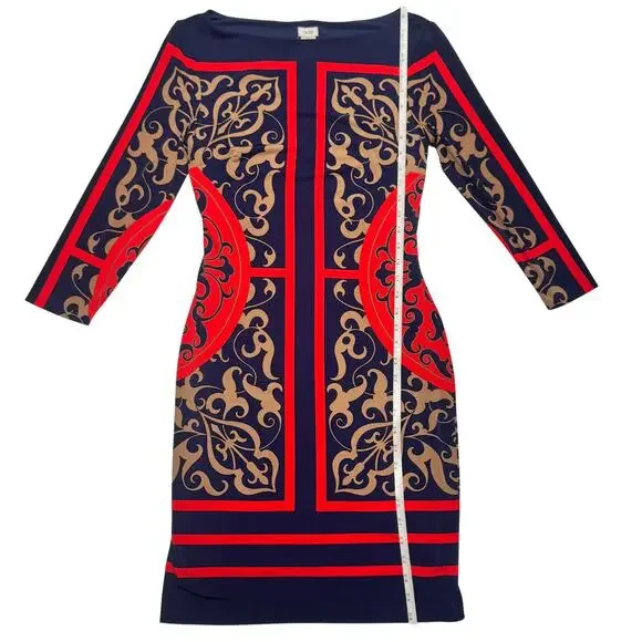 Cache Bodycon Sheath Dress Baroque Navy Red Women’s Medium Boat Neck Geometric - Picture 8 of 16